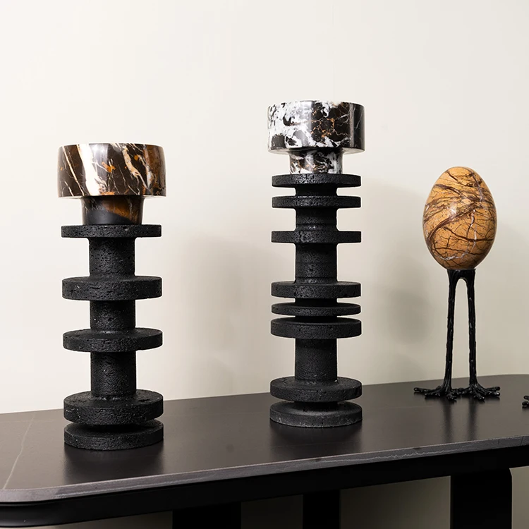 Modern Light Luxury Home Hotel Office Decoration Handmade Black Marble Resin Ornaments Candle Holder Metal Home Decor