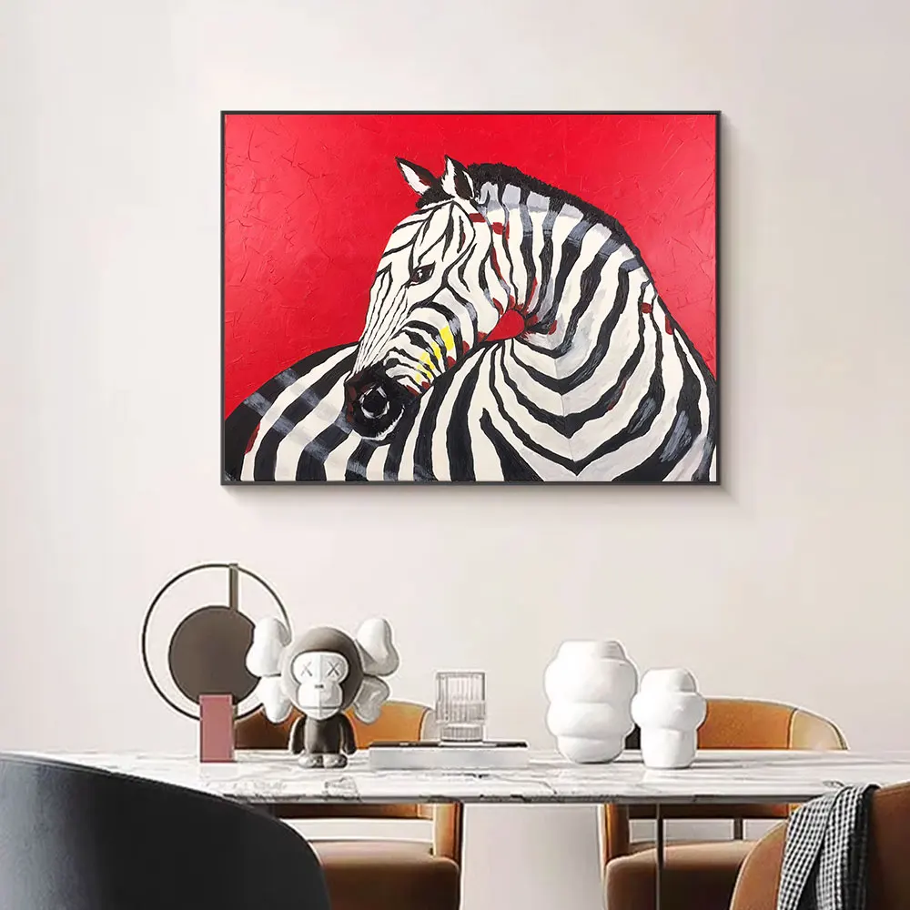 Canvas Print Painting Poster Red Background Zebra Modern Art Living Room Bedroom Porch Bedside Sofa Background Home Wall Decor