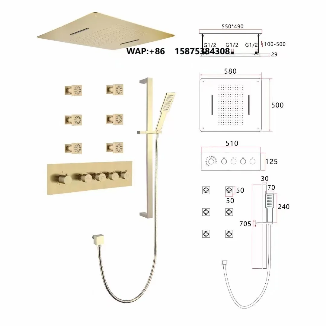 Regendusche-Mischbatterie-Set aus Goldmessing, quadratisch, modern, zeitgenössisch, Keramik, Warm- und Kaltwasser-Mischbatterie, Massagedusche