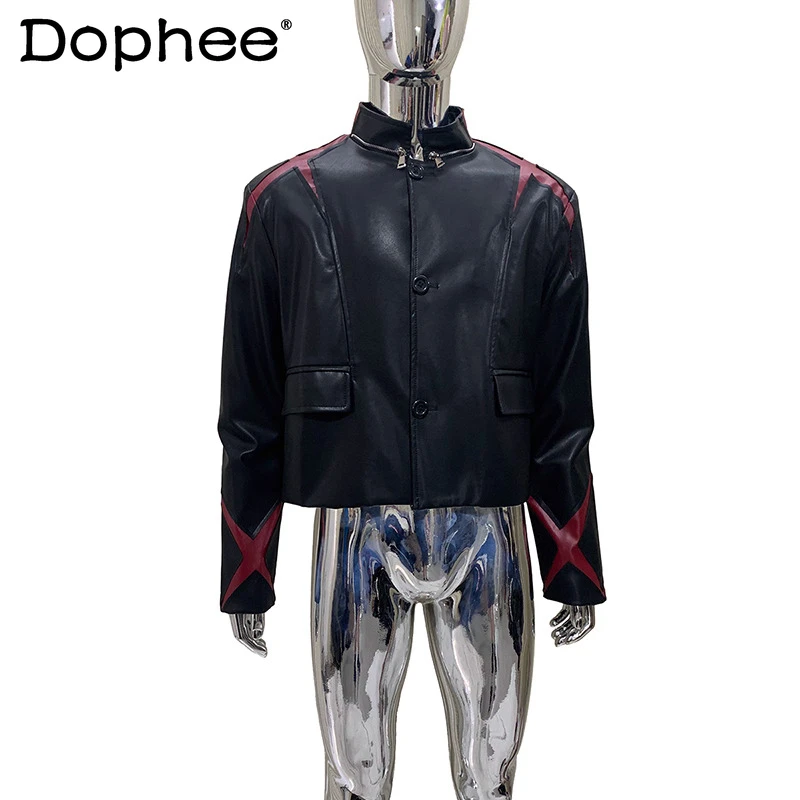 

2025 Men's Autumn New Trendy Stand Collar Coats Color Matching Chic Faux Leather Jacket Coats Men's Stylish Faux Leather Jackets