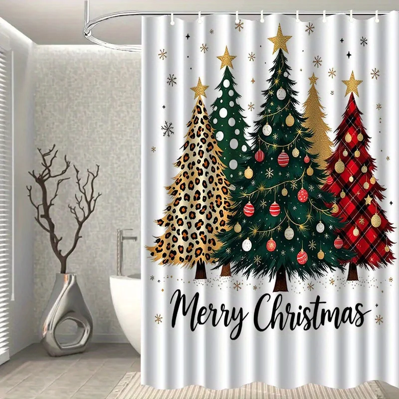 Festive Christmas Shower Curtain with Hooks - Merry Christmas Text, Leopard Plaid & Golden Glitter Tree Design