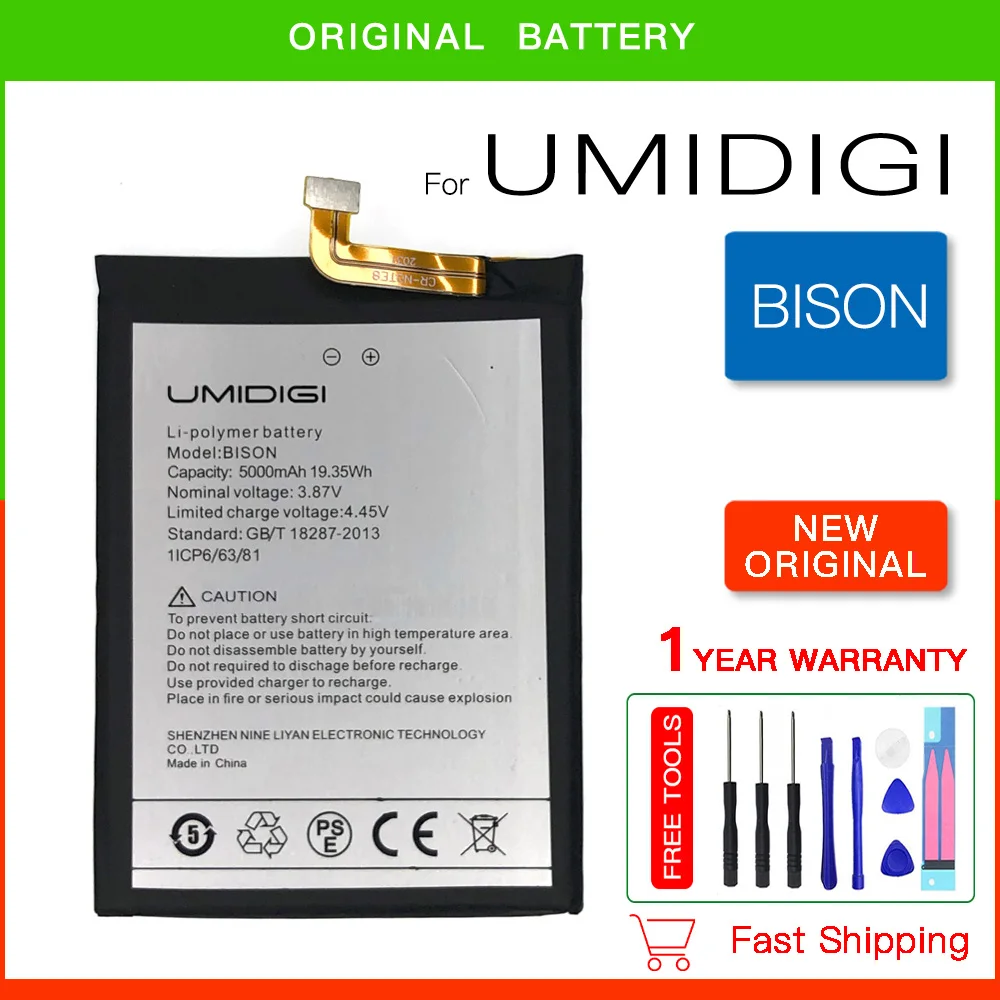 100% Original Bison Battery For UMI Umidigi Bison Cell Phone Battery 5000mAh Replacement Parts Phone Accessory Accumulators+Tool