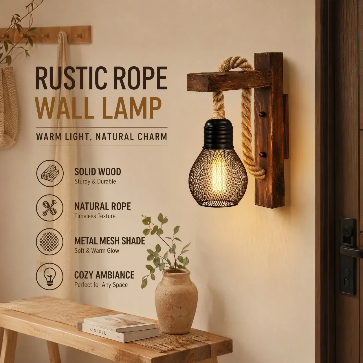 JOYINLED Industrial Wood Hemp Rope Wall Light Indoor Wall Light Fixture Home Decor Lighting for Reading Over Mirror Bedroom Loft