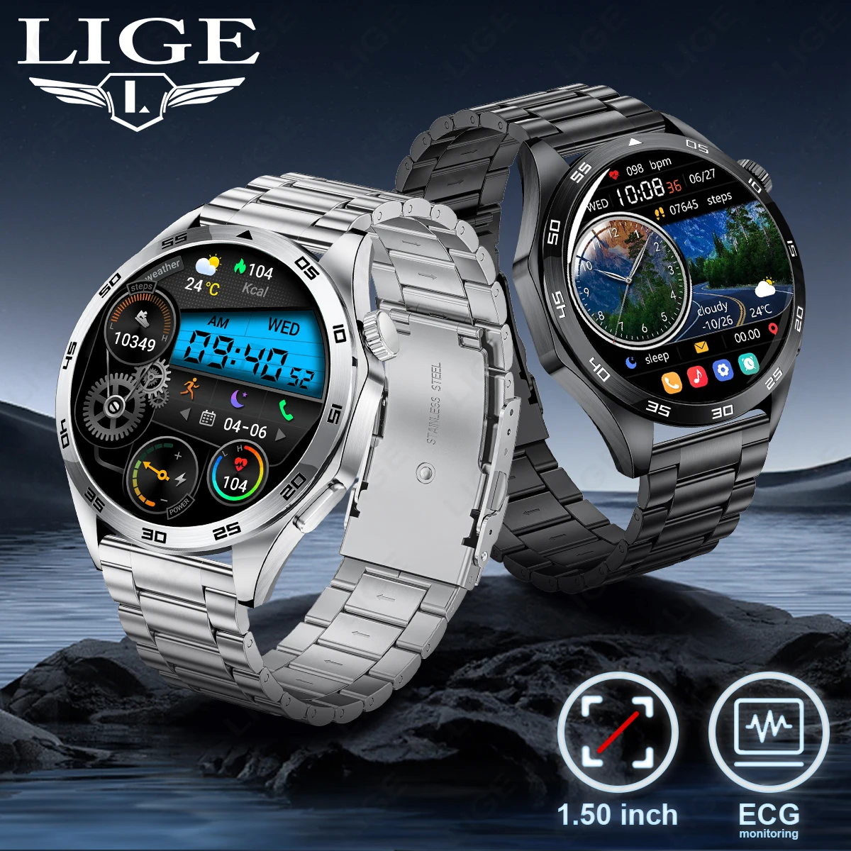 LIGE Smart Watch ECG Micro Physical Examination Bluetooth Call Heart Rate Blood Pressure Oxygen Health Monitor Men's Smartwatch