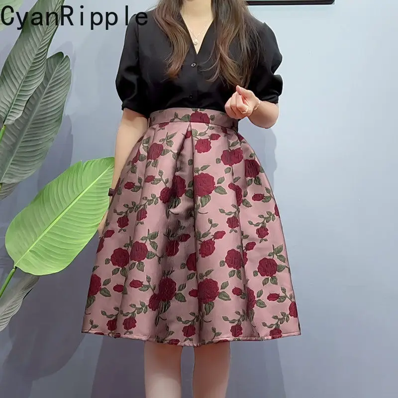 2026 New Summer Rose Jacquard Mid-long Ball Gown Skirts Age Reduction Vintage High Waist Knee-length Women Pink A-line Skirts