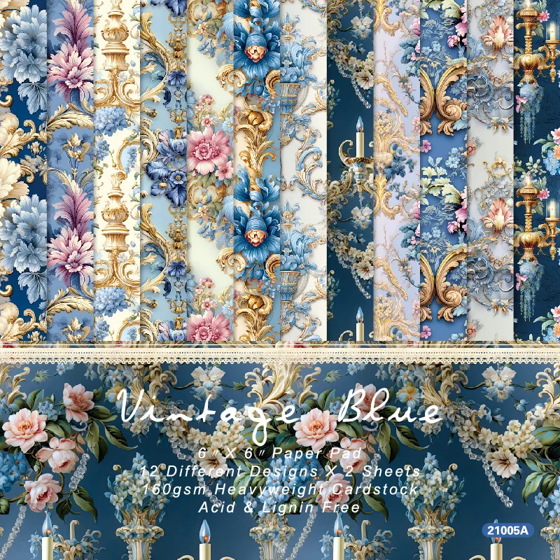 Alinacutle Junkjournal Vintage Blaues Papierpaket 24 Blatt 6' Gemustertes Papierblock für Scrapbooking Handgemachtes Bastelwerk Hintergrund
