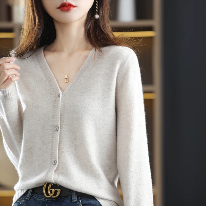 

Spring And Autumn New 100% Pure Wool Knit Cardigan Ladies V-Neck Solid Color Top Casual Fashion Versatile Sweater Thin Section