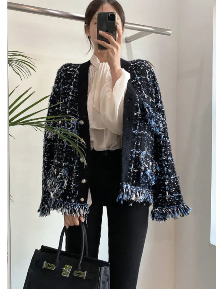 Korea Chic Autumn Winter V-Neck Tassel Wool Mixed Color Knitted Cardigan Coat Women\'s Loose Long Sleeve Sweater Knitwear 2023