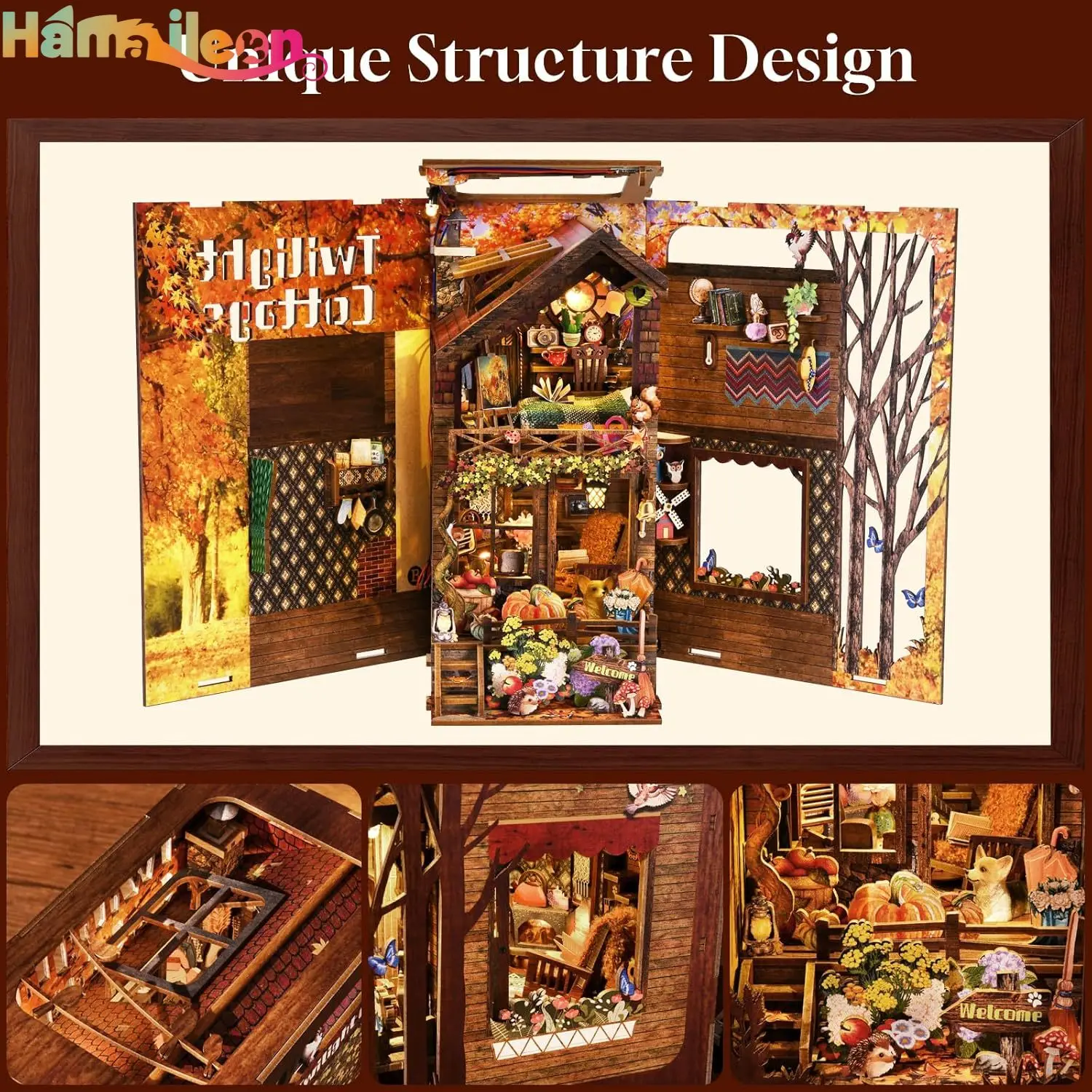 Hamaileon 3D Book Nook Kit, DIY Miniature Room House Kit Bookend ชั้นวางหนังสือตู้หนังสือตกแต่งสําหรับวัยรุ่นผู้ใหญ่ (Twilight Cottage)
