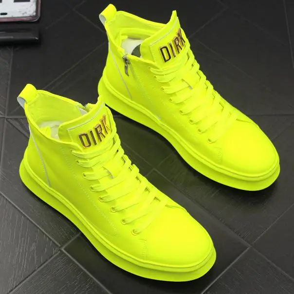 Men's Shoes Four Seasons Shoes Shiny Patent Leather Board High-Top Casual Shoes 2024 New Fluorescent Green Gold Silver White