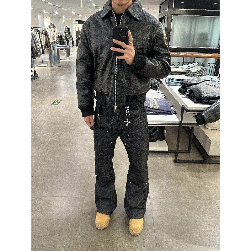 

American Style Ins Trendy New Rivet Drill Heavy Original Color Logging Work Pants Men Straight Leg Micro Flare Long Trousers