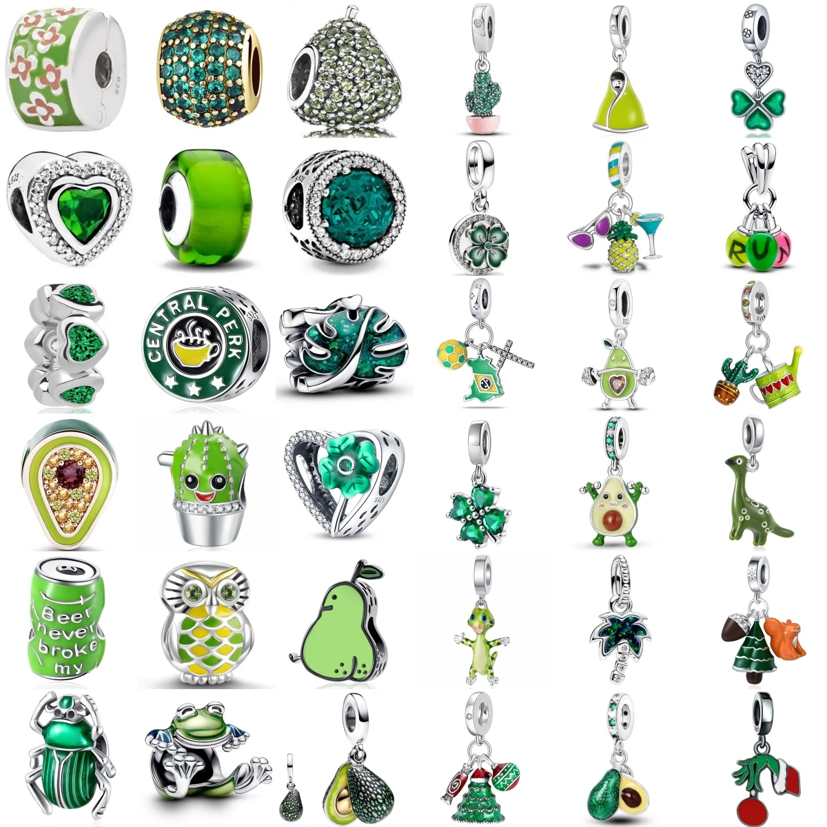 New Silver Plating Green Series Avocado Beetle Cactus Charm Beads Fit for Original Bracelets DIY Women's Jewelry Accessories