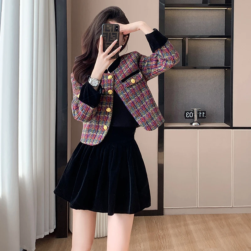 New Women Autumn Winter Skirt 2 Piece Set Vintage Fashion Outfits Tweed O Neck Plaid Crop Jackets Coat+Pleated Mini Skirts Sets