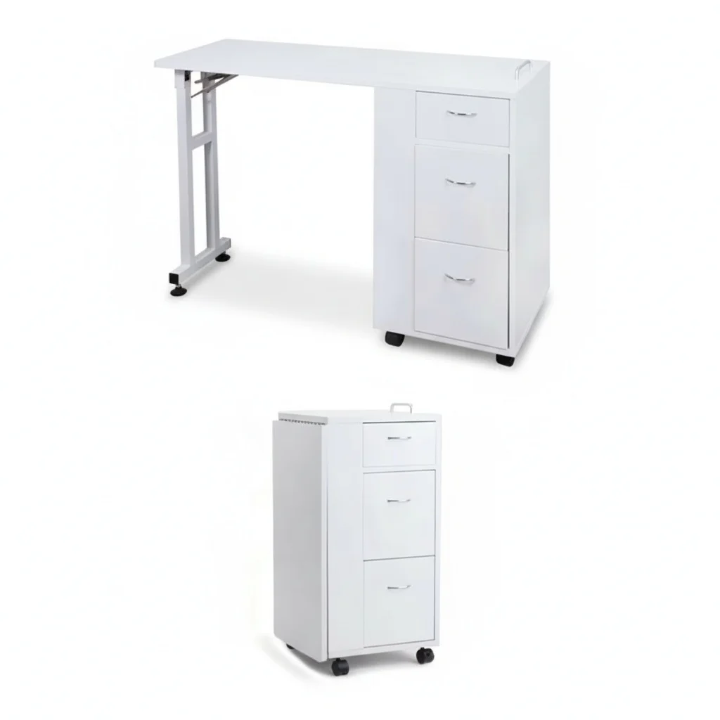 Premium Foldable Manicure Table, Heavy Duty Metal White Simple Nail Station, Portable Furniture with Wheels for Home Salon