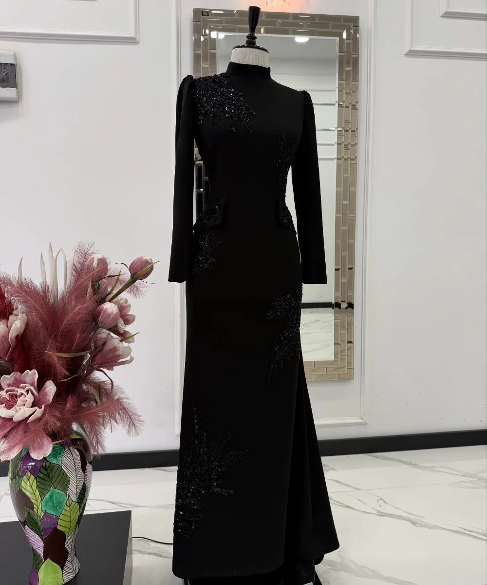 Customized Exquisite Jersey Pleat Sequined Trumpet High Collar Long Dresses Bespoke Occasion Cocktail Sparkle Simple