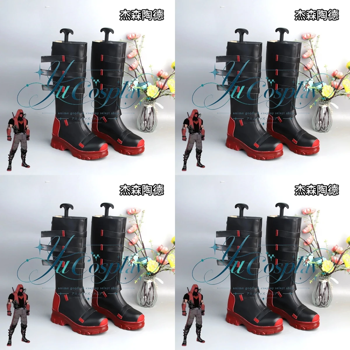 レッドフード-ジェイソン・トッド-コスプレシューズ-プラットフォーム-ミッドカーフブーツ-キャラクターにインスパイアされた履物-ゲームイベント-パフォーマンスウェア