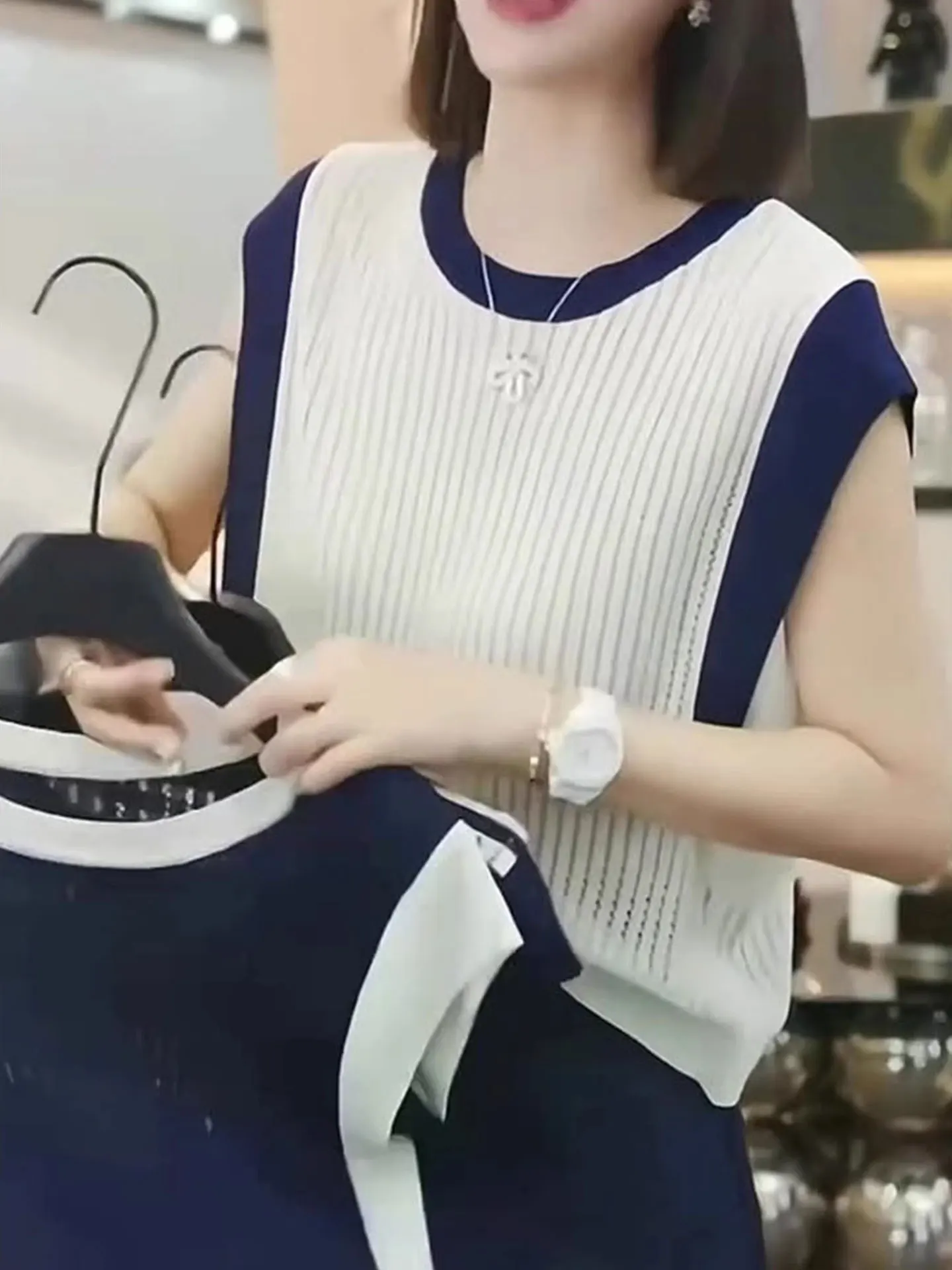 Coreano sle casual versátil confortável respirável malha irt verão cor única blo design redondo ne topo para mulher