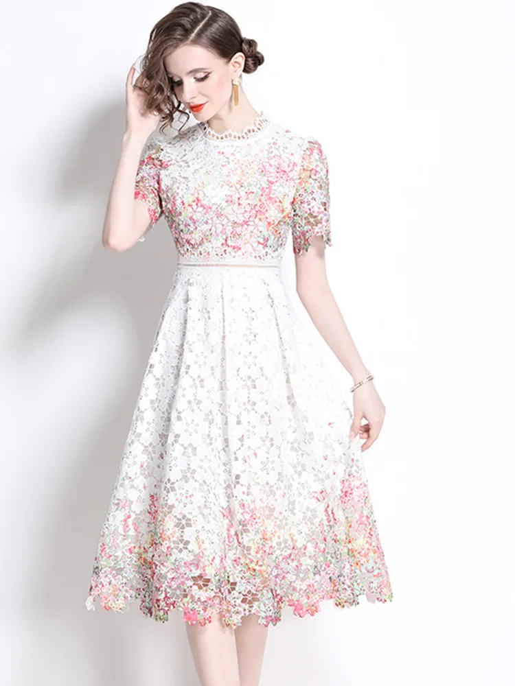 High-End Lace Hollow Out Elegant Dresses For Women Stand Collar Short Sleeve Temperament Dress Female Fashion New Clothing