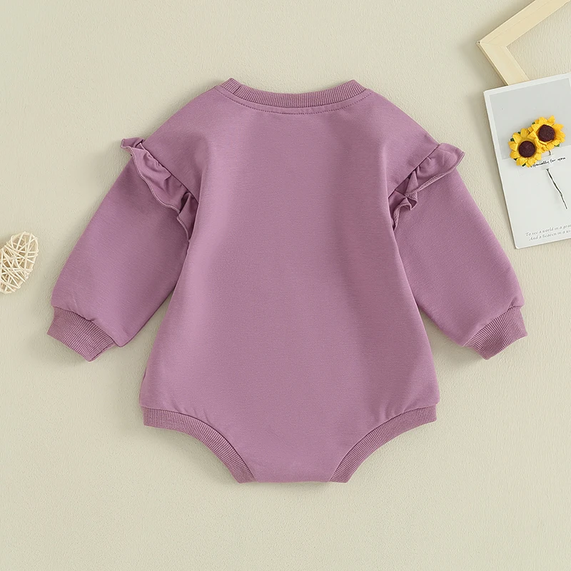 生まれたばかりの女の子のためのフリル付き長袖ボディスーツ,カジュアルウェア,無地,クルーネック,幼児,春,秋