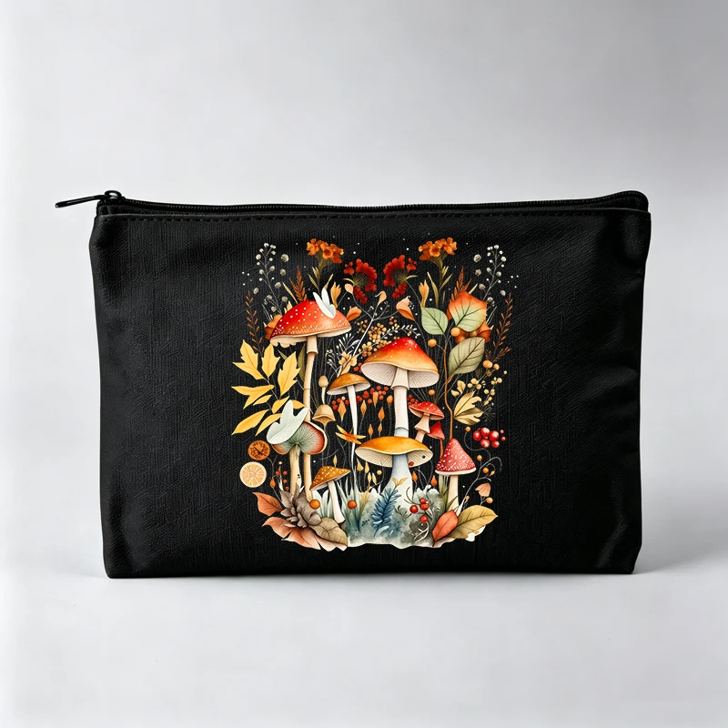 Women's Mushroom and Floral Print Makeup Bag, Nature Inspired Cosmetic Pouch for Daily Use