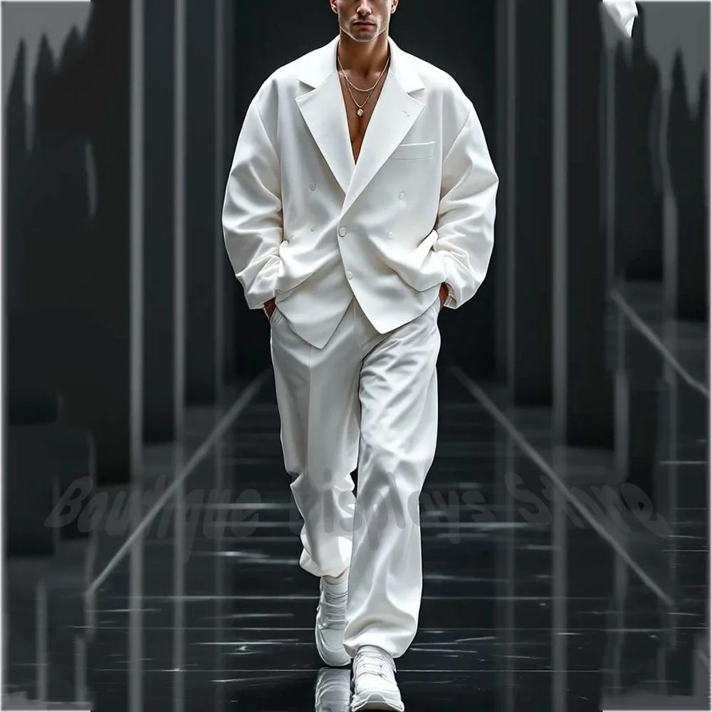

New Arrival Men's White Oversized Suit Set Double Breasted Blazer Pants Casual Formal TrackSuit Street Style Fashion Outfit