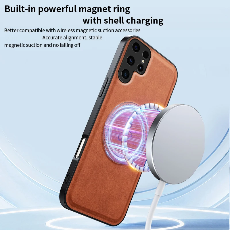 Leather Magnetic Phone Case Holder For Samsung Galaxy S25 S23 Plus S26 S24 FE S22 S21 Ultra Wireless Charging Soft Cover Cases