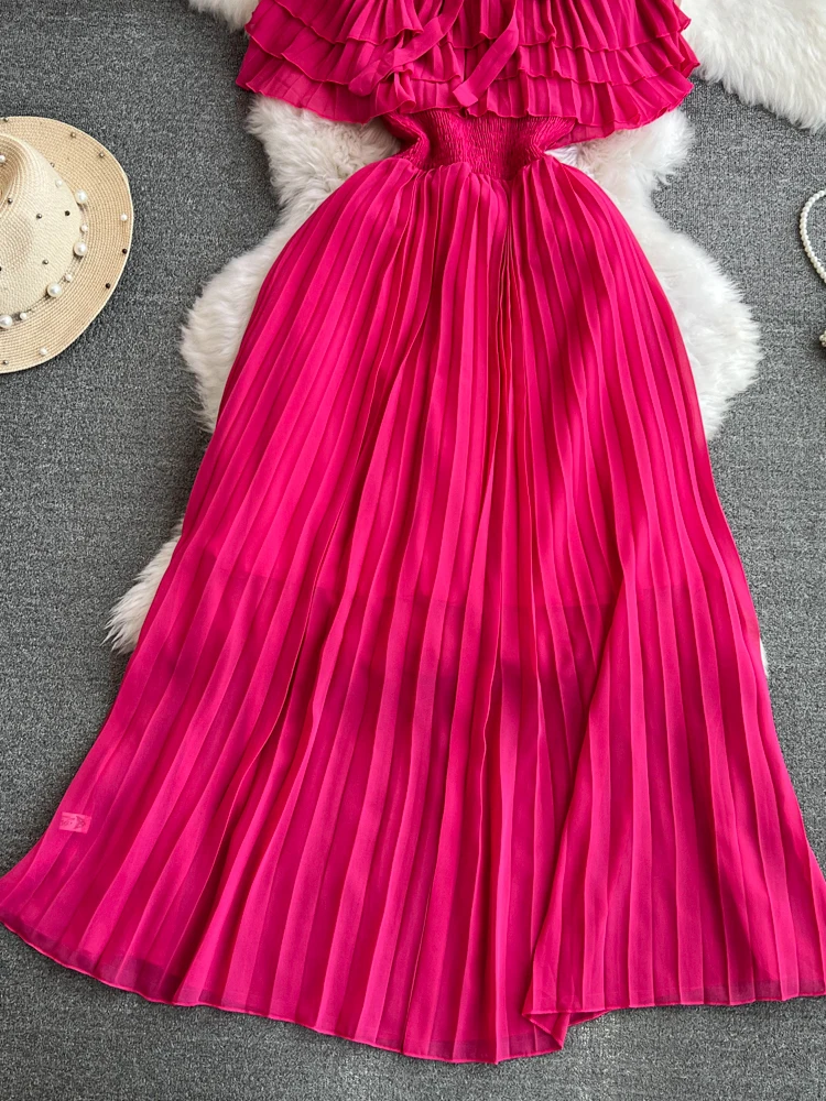 Zomer Lange Chiffon Jurk Voor Vrouwen Gelaagd Ruche Maxi Jurken Shirring Stiksels Elegante Boho Vestidos Nieuw In 2024 Chic