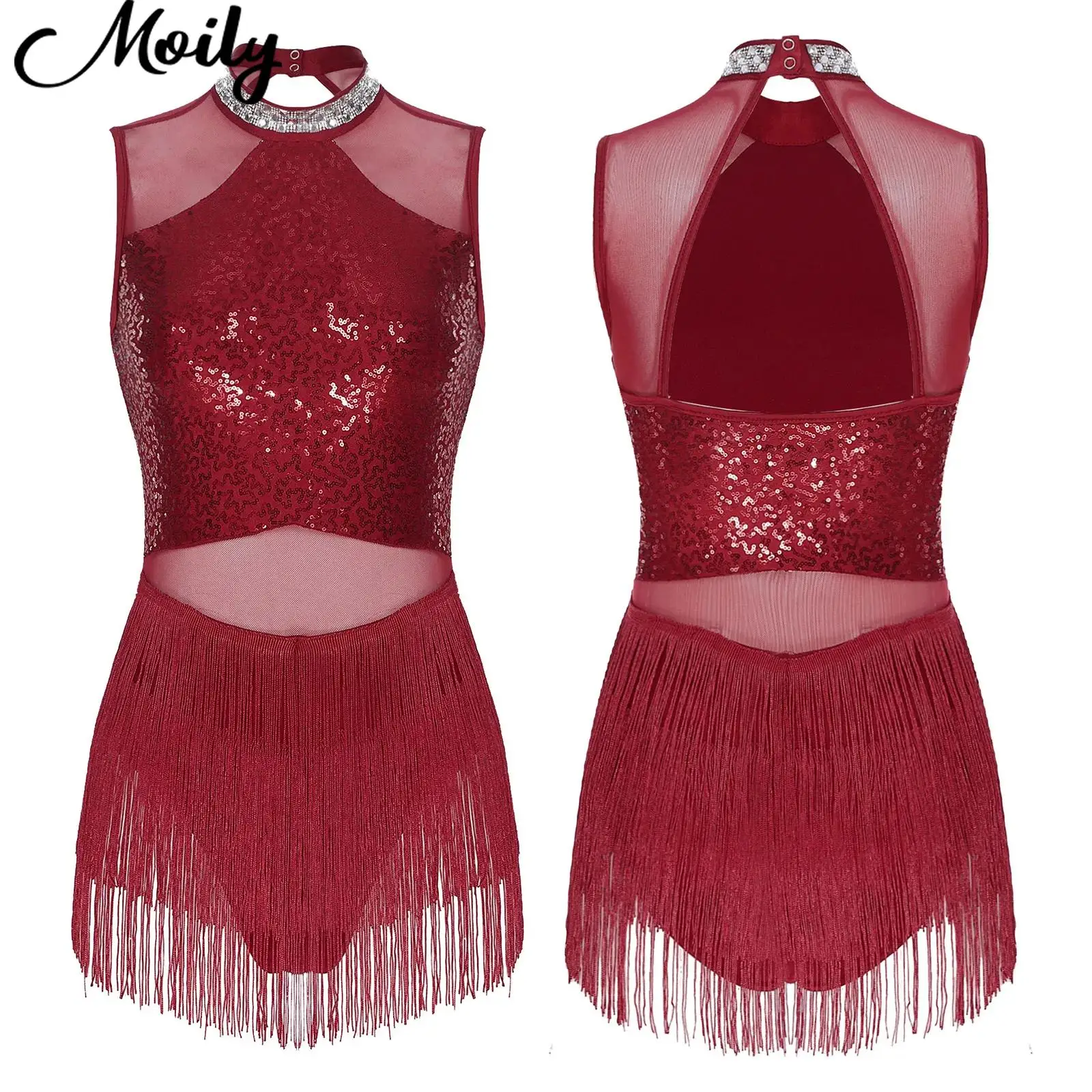 

2025 New Latin Performance Dance Dress for Women Sexy Rhinestone Collar Fringed Leotards for Tango Rumba Cha-Cha Samba Dancewear