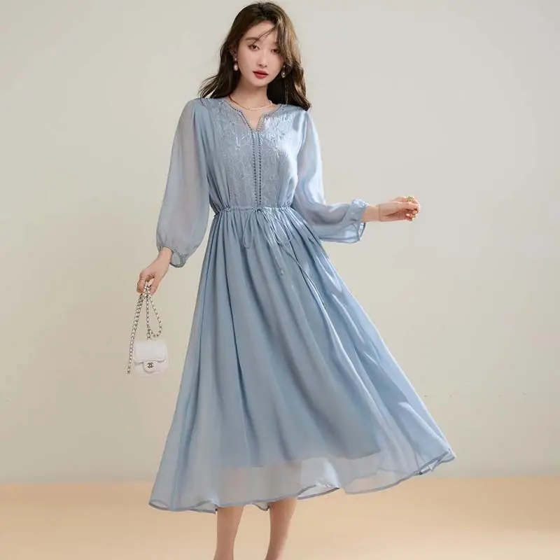 

Korean Style Holiday Long Sleeve Dress for Women's Spring Summer Design Temperament Loose Elegant Strap Quilted New Dress TS904
