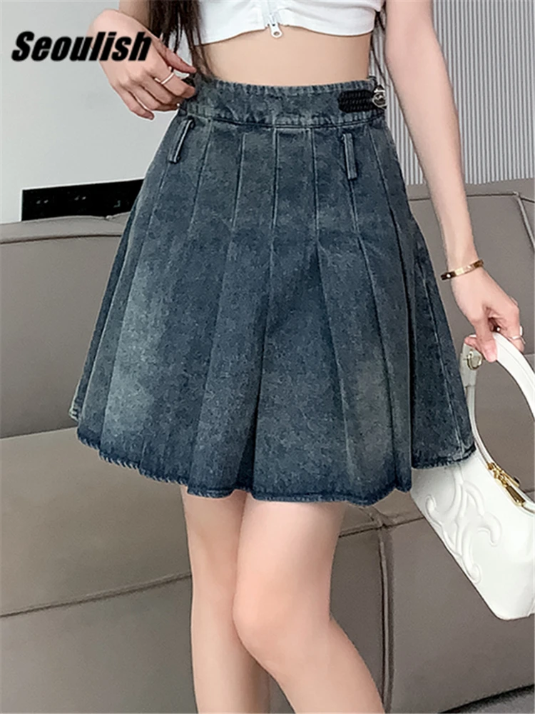 

Seoulish 2023 New High Waist Women's Denim Pleated Short Skirts Spring Summer Fashion Cowboy Jeans A-Line Mini Skirts Female