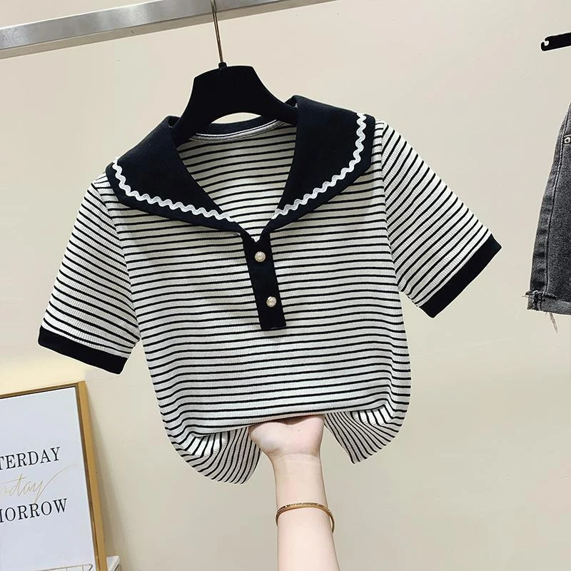 Striped Short Sleeved T-shirt Women\'s Summer 2024 New Slim Contrasting Sweet Doll Neck T-shirt Cotton Korean Short Top
