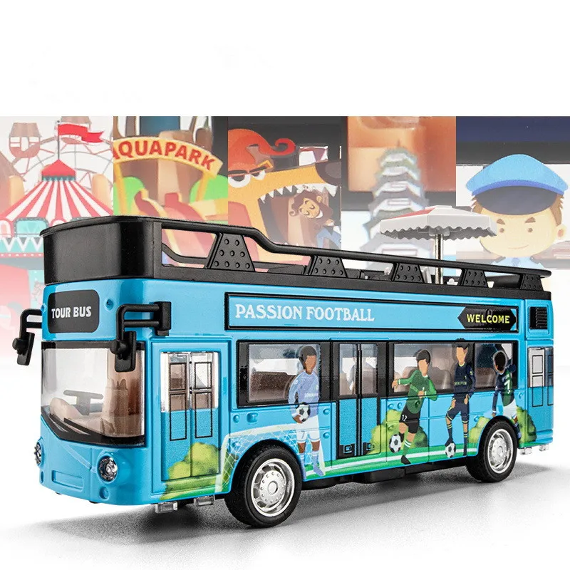 

1:50 alloy pull back double-decker sightseeing bus model,open-top tourist bus toy,simulation sound and light,wholesale