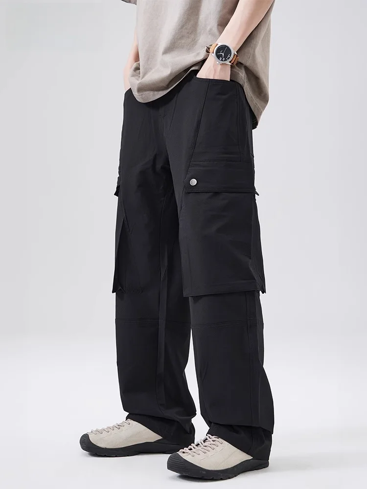 

Повседневные брюки из ледяного шелка, мужские летние тонкие американские модные брендовые функциональные большие рабочие брюки, свободные прямые длинные брюки