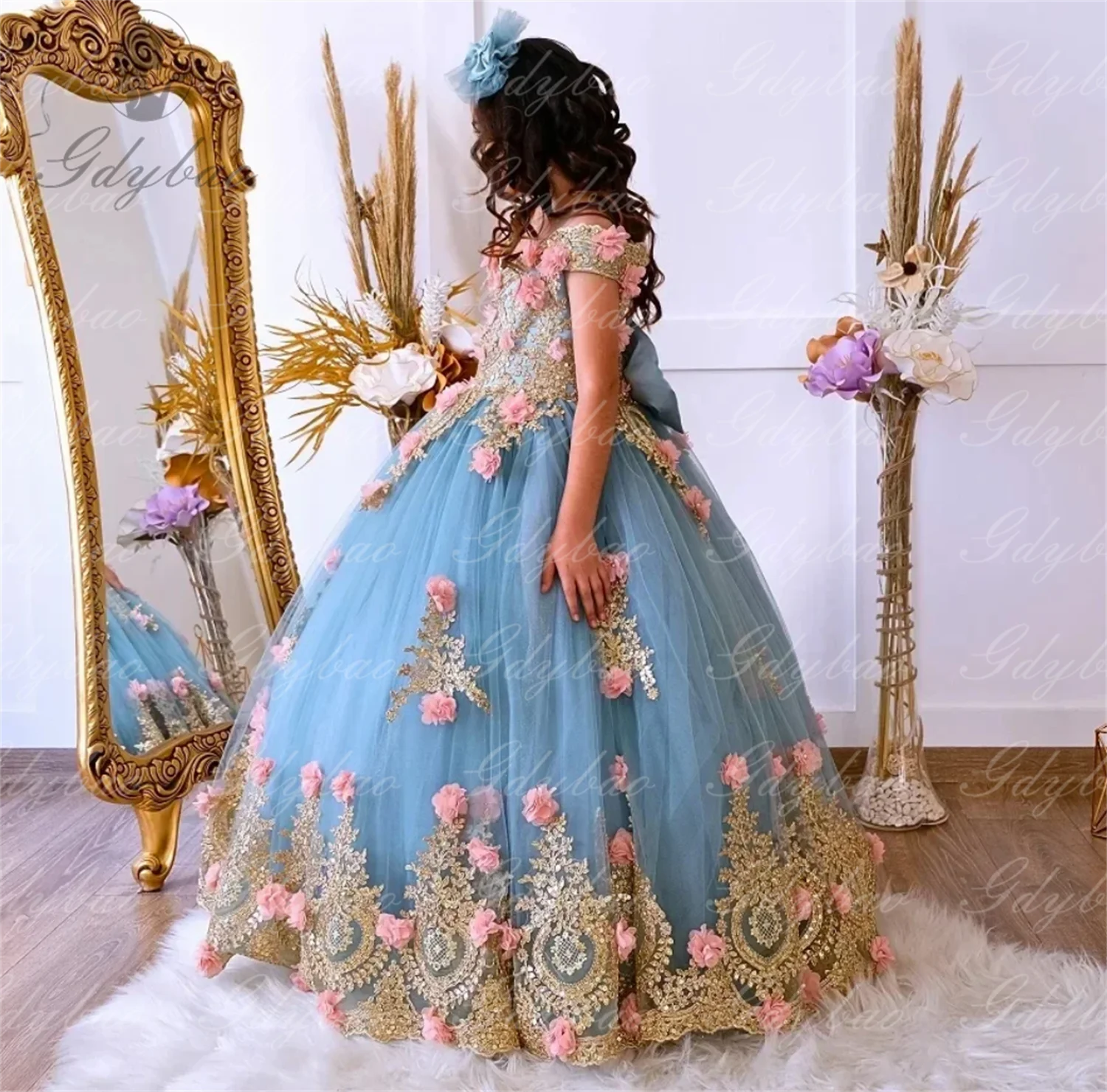 3D Floral Appliqué Girl Dress Little Princess Wedding Party Flower Girl Dress Formal Event Kids Gifts Customized