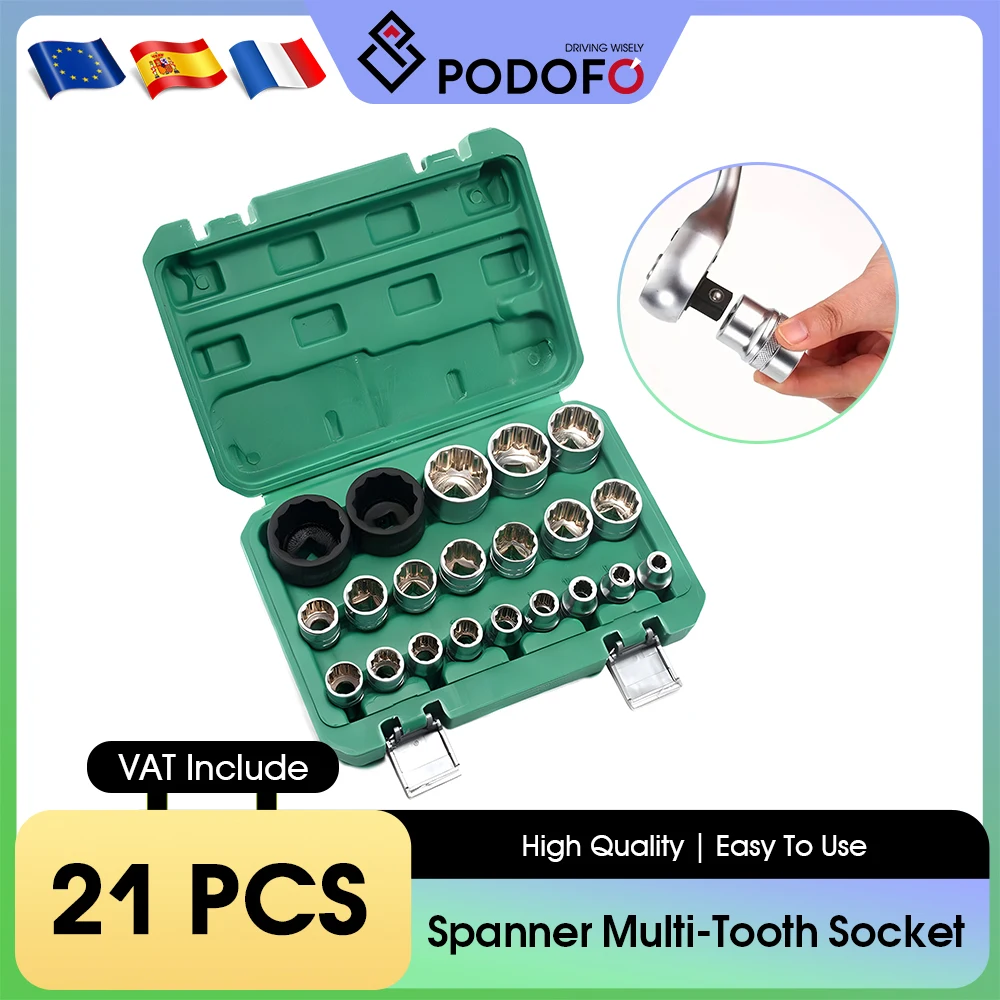 Podofo-Juego de paquete multidiente con llave inglesa de bolsillo, 21 Uds., 1/2 para 6 y 12 puntos, 8-36mm, caja francesa con múltiples dientes externos