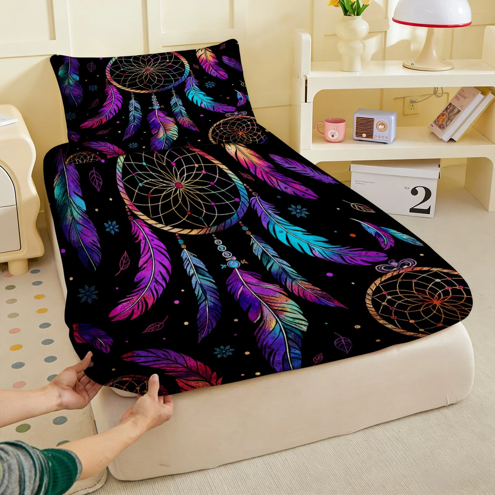 1pc RV Camping by Mountain River Print Fitted Sheet Deep Pocket Elastic Mattress Cover Single Double Queen King Bedroom Decor