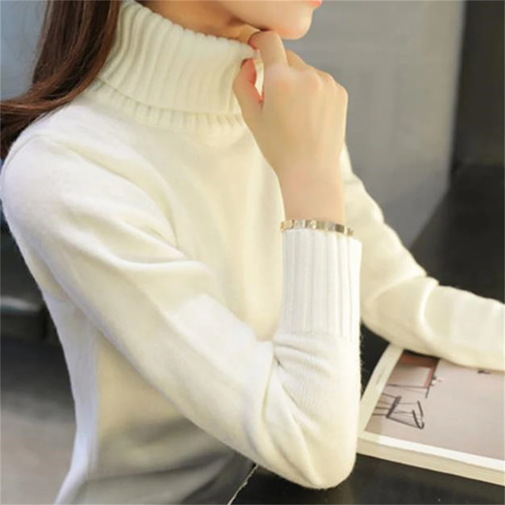 Women\'s Elastic Long-Sleeved Turtleneck Sweater Knitted Bottoming Shirt Female Sweaters Tops Jumpers Autumn Winter S-2XL