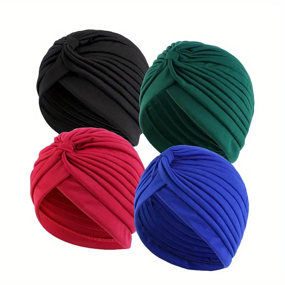 4pcs/set Solid Color Turban Cap Elastic Bonnet Head Scarf Women Chemo Hats Casual Pleated Head Wrap