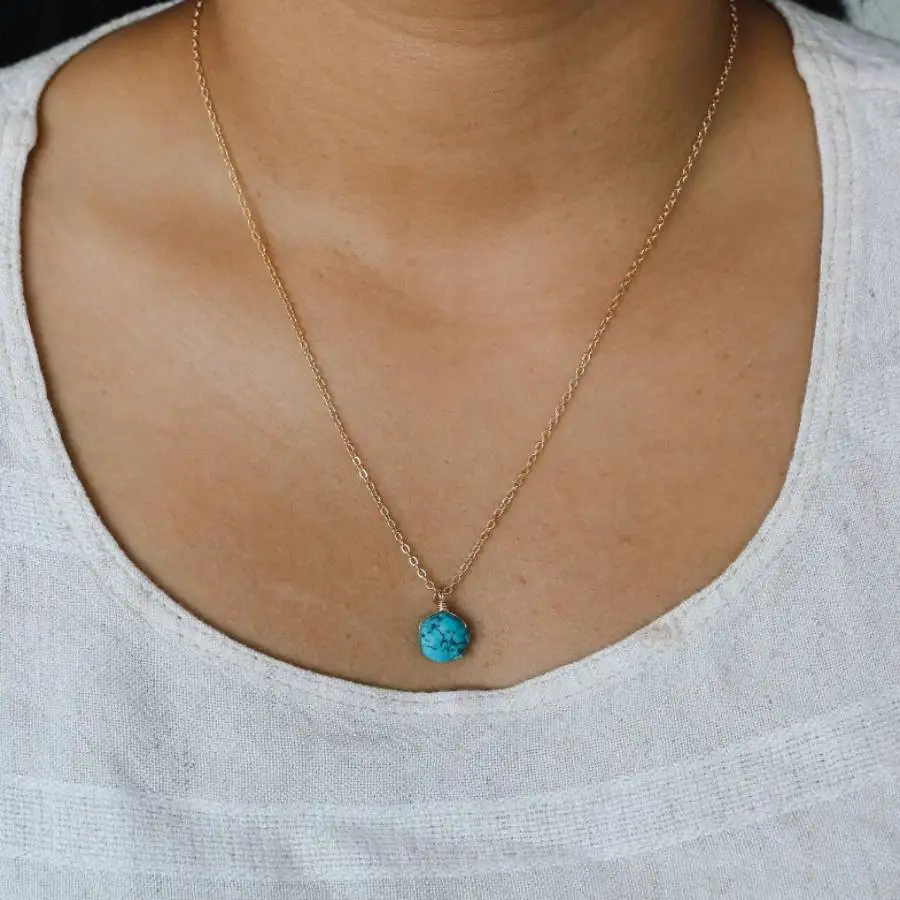 

Handmade Genuine Turquoise Irregular Nugget Pendant Necklace Gold Tone Chain Fashion Jewelry Gift for Her