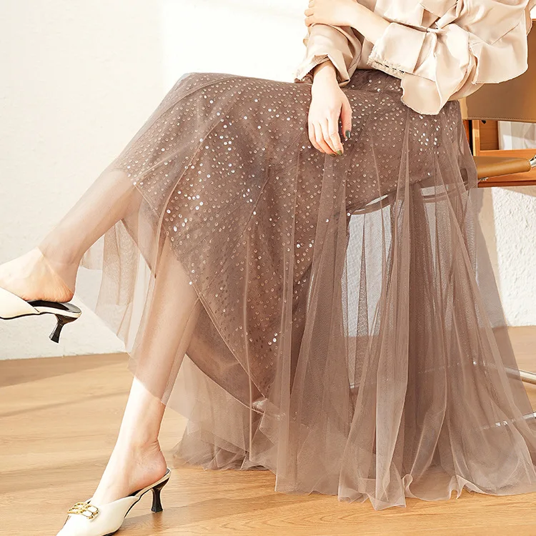 

Spring Summer Skirts Women Korea Long Tulle Skirt Sequined Pleated A Line Midi Skirt Chic High Waist Skirt Female