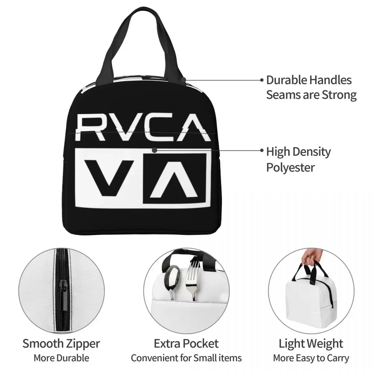 White Rvca Clothes Lunch Bags Bento Box Portable Lunch Tote Resuable Picnic Bags Cooler Thermal Bag for Woman Student Work