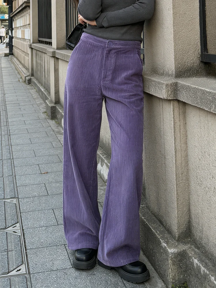 PBAP Warm Winter Women Fleece Lined Corduroy Trousers Striped Wide Leg High Waist Plain Thermal Pants Casual Vintage Clothes