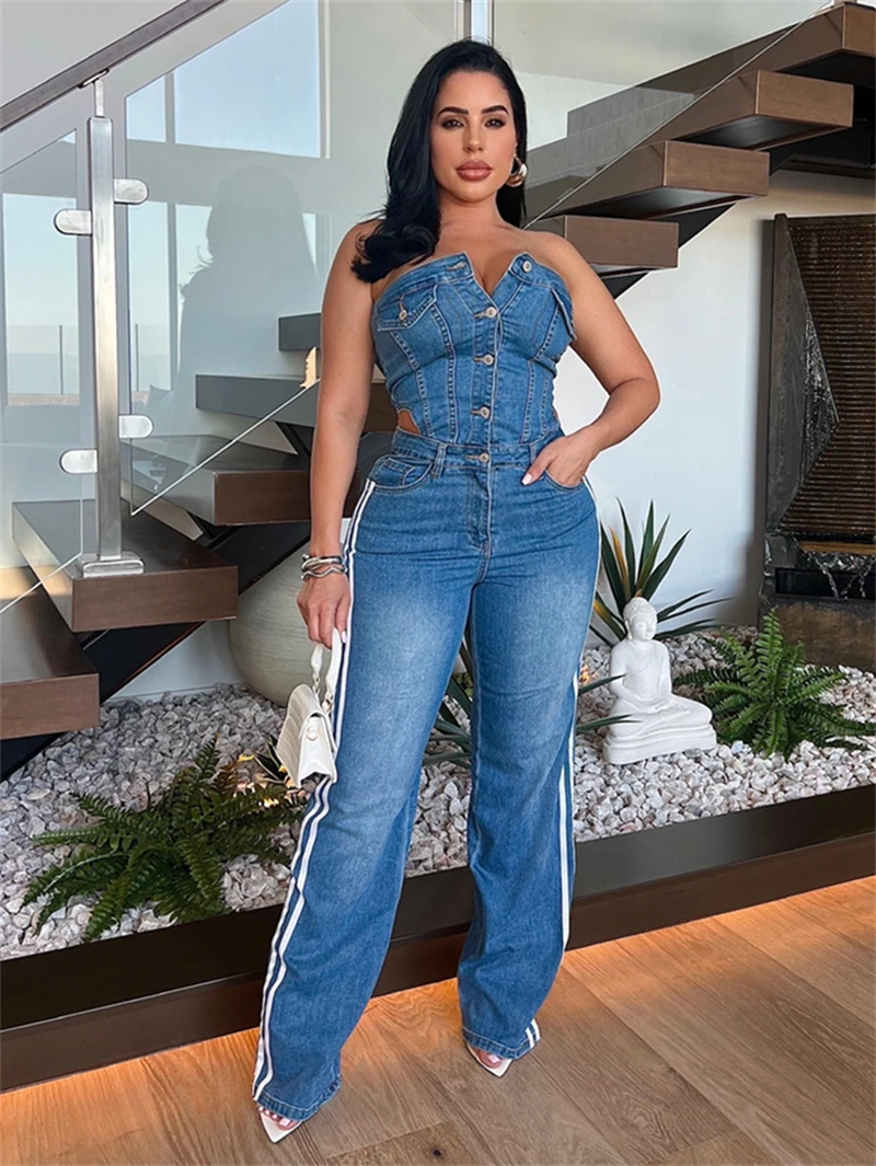 

Fashion Denim Jumpsuits Summer Clothing Women 2026 Strapless Cutout Straight Jeans Rompers Playsuits One Pieces Overalls Outfits