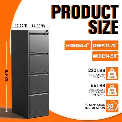 4 Drawer File Cabinet with Lock,Vertical Filing Storage Cabinet | File Cabinet for Home Office,Small Metal Storage