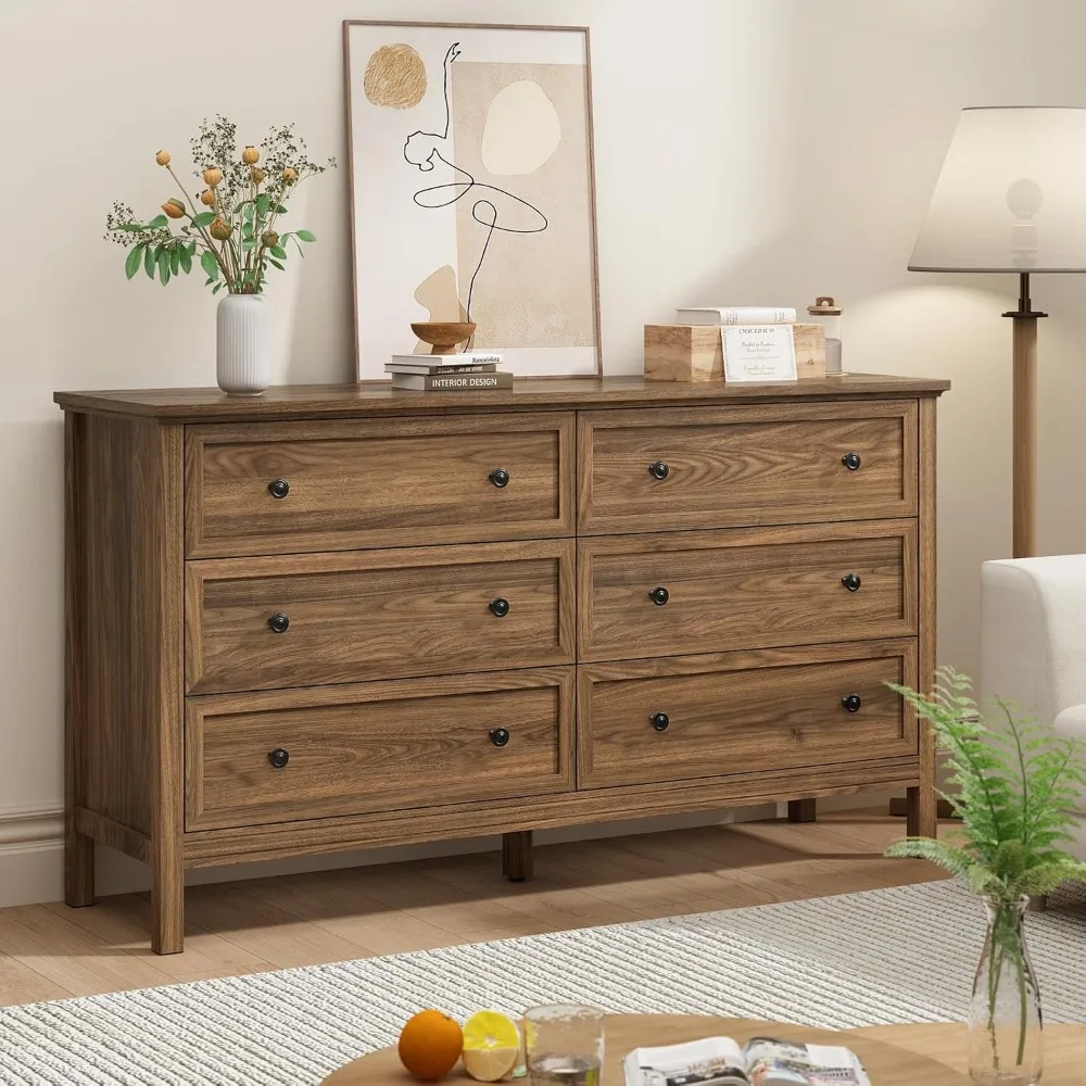 CARPETNAL 55 Комод из орехового дерева для спальни, комод с 6 ящиками, широким ящиком и металлическими ручками, деревянные комоды и комоды