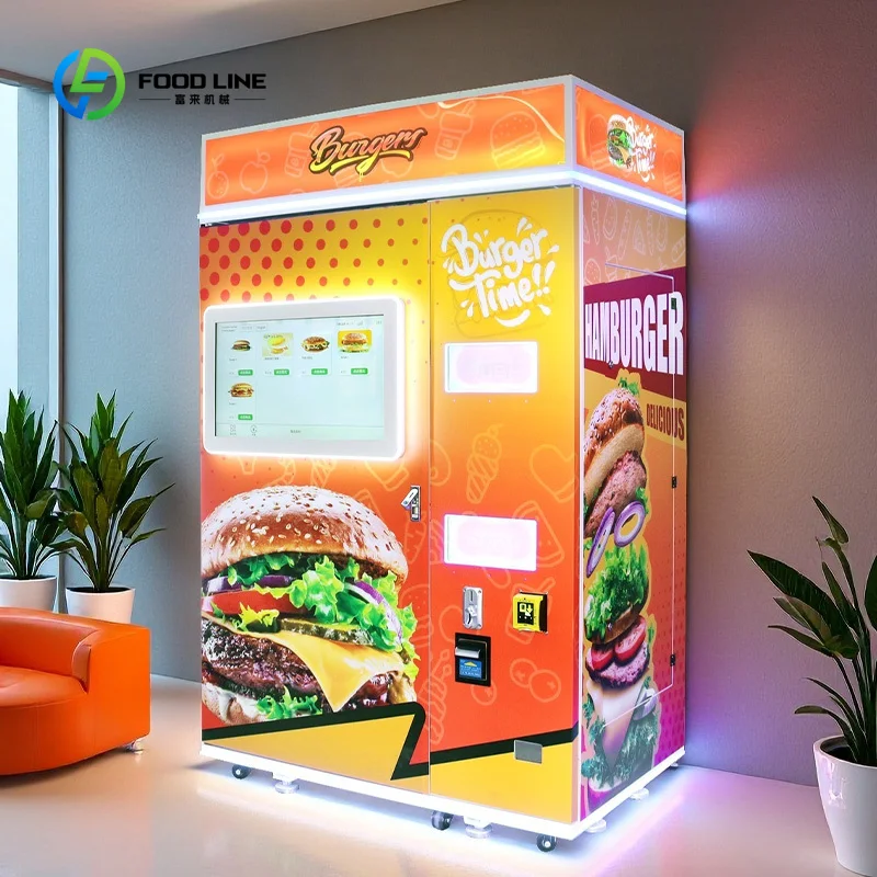 Máquina Expendedora de Hamburguesas de Autoservicio 24h, Proveedor Chino, Máquina Expendedora de Comida Rápida con Pantalla Táctil y Calentamiento