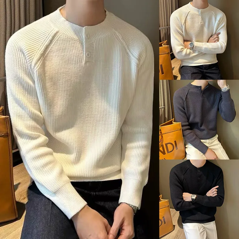 Autumn and winter new Henry collar long-sleeved knitted sweater men's light business slim-fitting bottoming shirt