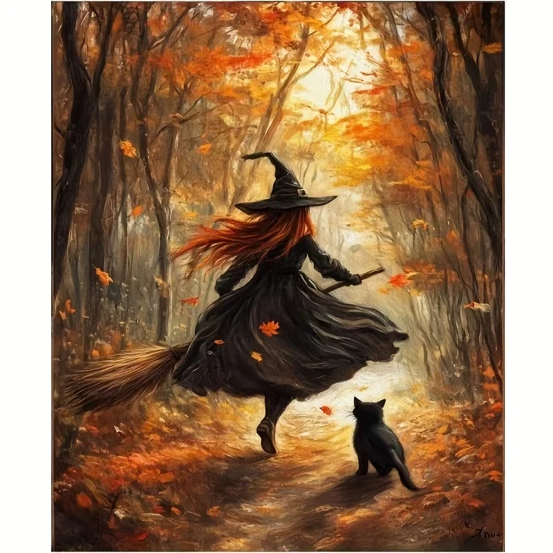 Retro Alloween Autumn Witch On Broomstick Wall Art Print Canvas Painting Poster Picture For Living Room,Bedroom Home Decor