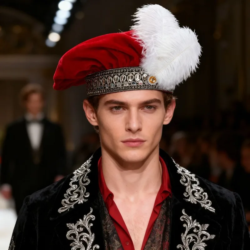 Medieval Tudor Hat with Feather Black Velvet Renaissance Muffin Hat for Men Women Halloween Cosplay Elizabeth Costume Accessorie