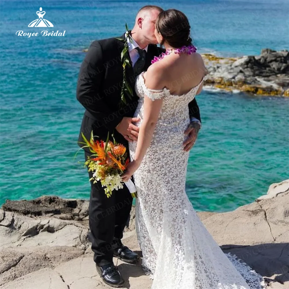 Vestido de novia de sirena con hombros descubiertos, traje de encaje personalizado de talla grande con tren de barrido, vestidos de novia Civil